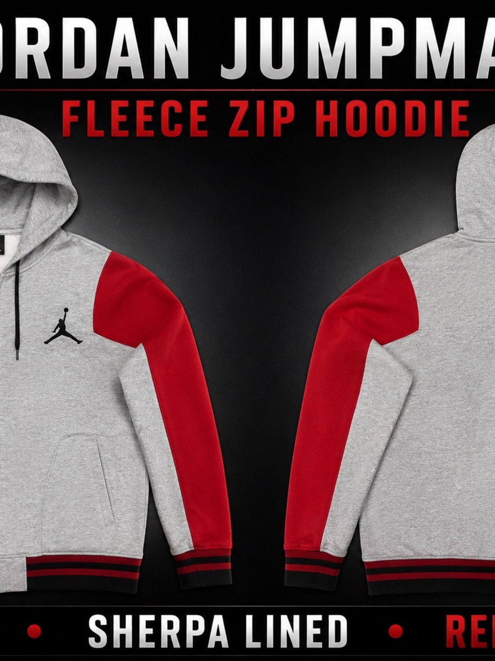 Jordan Sherpa-Lined Hoodie in Gray & Red with Black Logo